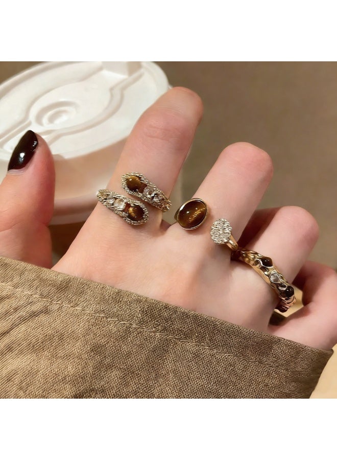 AuliceVerse valentines gift 3-Piece Lucky Tiger Eye Alloy Ring Set | Luxurious Arabic Style Stackable Rings | Perfect with Abaya & Kaftan | Ideal Ramadan & Eid Gift - Image 3